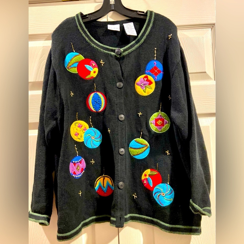 BOBBIE BROOKS Vintage Womens Sz XL Embroidered Christmas Ornaments Cardigan